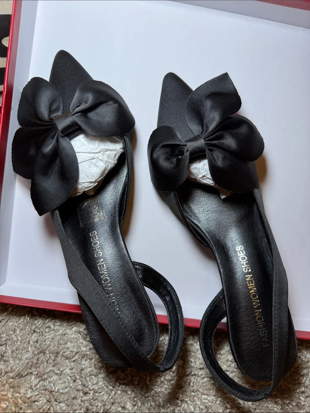 On Running Black Satin Pointed Slingback Heels with Bow